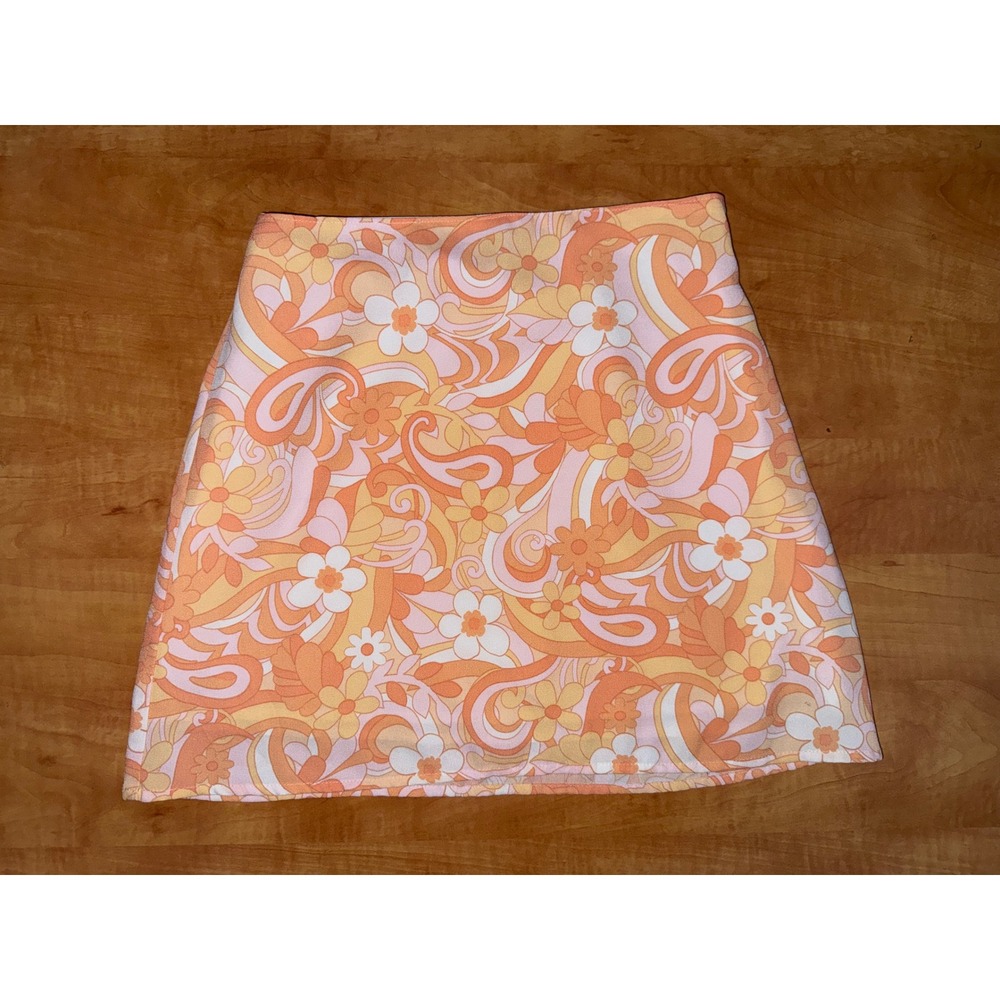 Hollister Ultra High‎ Rise Mini Skirt XS Orange Retro 70s Floral Psychedelic Zip